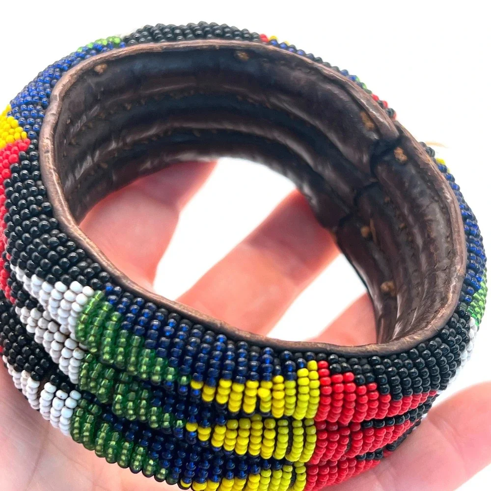 Mali Wide Bangle Multicolor‎ Handmade Beaded Bracelet Geometric Leather Vintage